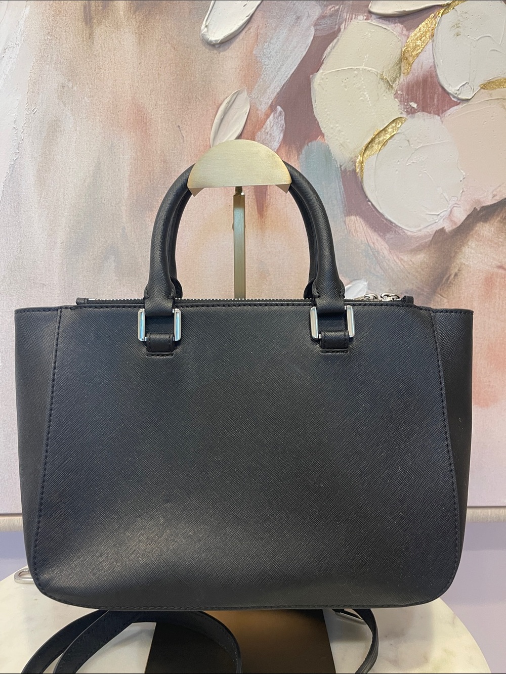 Tory Burch Black Leather Satchel with Blue and Cream Floral Appliqué - Picture 7 of 7